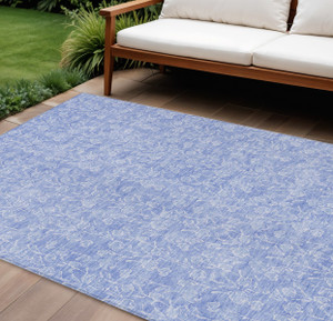 9' X 12' Denim Blue And Ivory Floral Washable Indoor Outdoor Area Rug