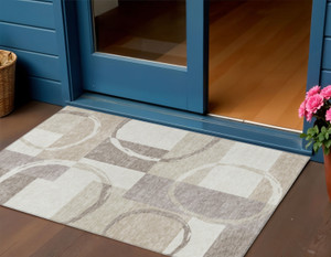3' X 5' Ivory And Beige Geometric Washable Indoor Outdoor Area Rug Modern Style - Ivory, Beige Color