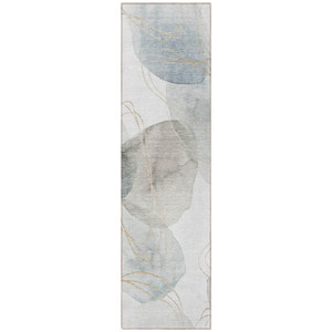 8' Ivory Blue And Gray Abstract Washable Indoor Outdoor Runner Rug - Ivory, Blue, Gray
