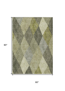5' X 8' Olive Green Gray And Ivory Argyle Washable Indoor Outdoor Area Rug