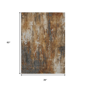 3' X 5' Rust Gray And Ivory Abstract Washable Indoor Outdoor Area Rug