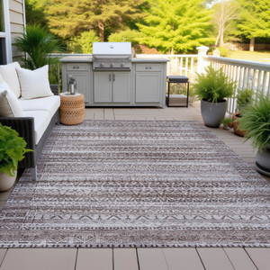 5' X 8' Brown And Beige Striped Washable Indoor Outdoor Area Rug - 880016410556