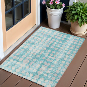3' X 5' Teal Blue And Ivory Abstract Washable Indoor Outdoor Area Rug Transitional Style - Teal Blue, Ivory Color