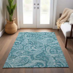 5' X 8' Turquoise And Ivory Paisley Washable Indoor Outdoor Area Rug