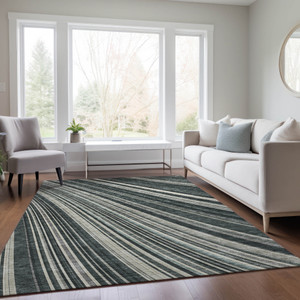 5' X 8' Black Gray And Ivory Striped Washable Indoor Outdoor Area Rug - Black, Gray, Ivory