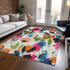3' X 5' Ivory Pink Orange And Blue Floral Washable Indoor Outdoor Area Rug
