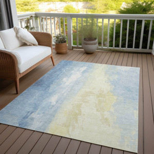 5' X 8' Denim Blue And Beige Abstract Washable Indoor Outdoor Area Rug