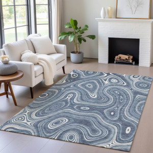 5' X 8' Blue And Ivory Geometric Washable Indoor Outdoor Area Rug - 880016410921