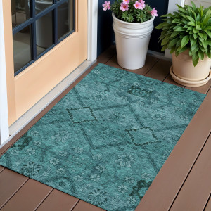 3' X 5' Teal Blue And Aqua Floral Washable Indoor Outdoor Area Rug Transitional Style - Teal Blue, Aqua Color