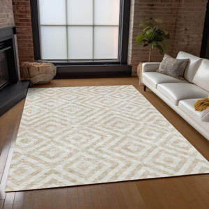 3' X 5' Ivory And Beige Geometric Washable Indoor Outdoor Area Rug Transitional Style - Ivory, Beige Color