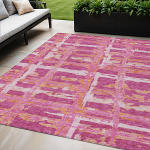 5' X 8' Blush Pink And Orange Striped Washable Indoor Outdoor Area Rug