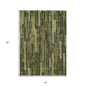3' X 5' Olive Green And Dark Olive Green Striped Washable Indoor Outdoor Area Rug