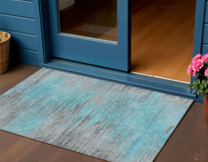3' X 5' Teal Blue Charcoal And Gray Abstract Washable Indoor Outdoor Area Rug