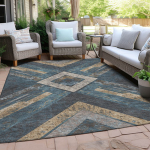 5' X 8' Navy Blue And Beige Geometric Washable Indoor Outdoor Area Rug