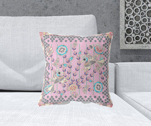 18" x 18" Pink Peacock Blown Seam Floral Indoor Outdoor Throw Pillow Modern Style