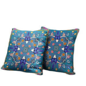 26" x 26" Blue and Gold Blown Seam Paisley Indoor Outdoor Throw Pillow