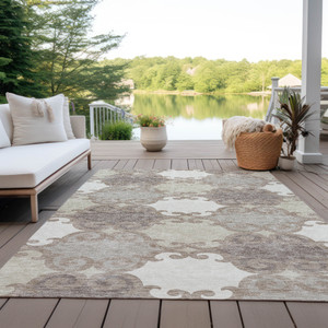 3' X 5' Taupe Beige And Gray Trellis Washable Indoor Outdoor Area Rug