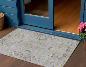 3' X 5' Gray Beige And Ivory Floral Washable Indoor Outdoor Area Rug - Gray, Beige, Ivory