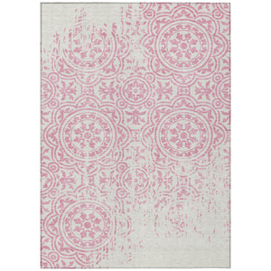 5' X 8' Pink And Ivory Medallion Washable Indoor Outdoor Area Rug