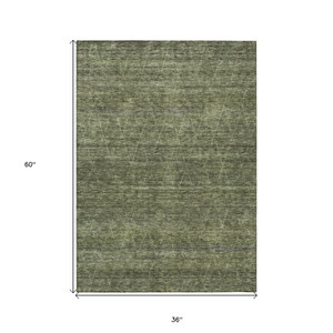 3' X 5' Olive Green And Ivory Geometric Washable Indoor Outdoor Area Rug - 880016735574