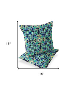Set of Two 16" X 16" Blue and Green Blown Seam Floral Indoor Outdoor Throw Pillow Polyester Modern Style