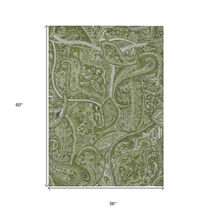 3' X 5' Artichoke Green And Olive Green Paisley Washable Indoor Outdoor Area Rug