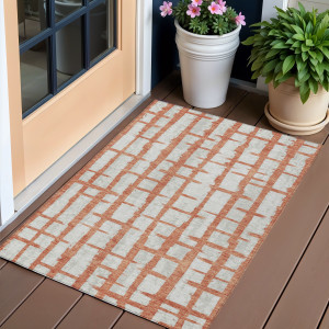 3' X 5' Coral And Gray Striped Washable Indoor Outdoor Area Rug