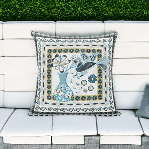 18" X 18" Blue and White Peacock Blown Seam Floral Indoor Outdoor Throw Pillow - 606114803966