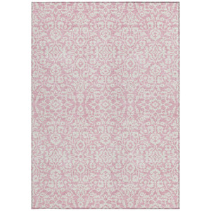 3' X 5' Pink And Ivory Damask Washable Indoor Outdoor Area Rug