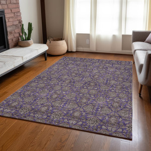 3' X 5' Purple Beige And Taupe Floral Washable Indoor Outdoor Area Rug
