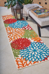 8' Ivory Green Blue Red And Orange Floral Indoor Outdoor Runner Rug