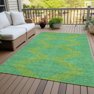 3' X 5' Green And Aqua Geometric Washable Indoor Outdoor Area Rug