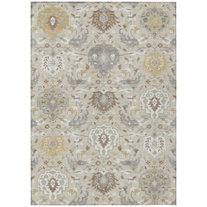 3' X 5' Beige Brown And Green Damask Washable Indoor Outdoor Area Rug