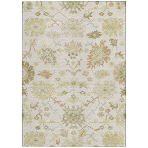 5' X 8' Ivory Green And Tan Floral Washable Indoor Outdoor Area Rug