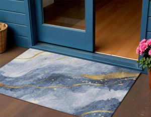 3' X 5' Blue And Gold Abstract Washable Indoor Outdoor Area Rug - 880016394443