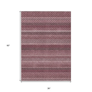 3' X 5' Red And Burgundy Striped Washable Indoor Outdoor Area Rug