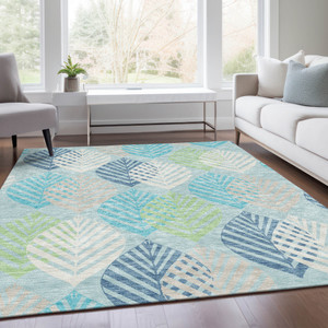 3' X 5' Teal Blue Aqua And Navy Blue Floral Washable Indoor Outdoor Area Rug