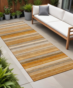 2' X 8' Brown and Orange Striped Washable Non Skid Indoor Outdoor Runner Rug