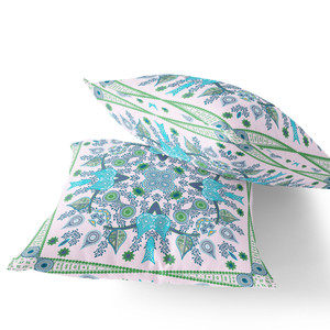 Set of Two 16" X 16" Green and White Blown Seam Paisley Indoor Outdoor Throw Pillow