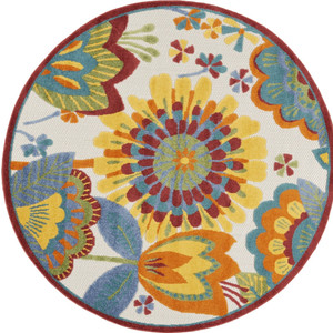 4' Ivory Blue Orange Red And Yellow Round Floral Indoor Outdoor Area Rug