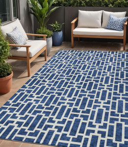 5' X 8' Navy Blue And Ivory Geometric Washable Indoor Outdoor Area Rug Transitional Style - Navy Blue, Ivory Color
