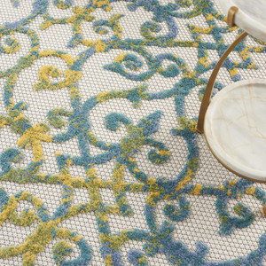 4' Ivory Blue And Yellow Round Trellis Indoor Outdoor Area Rug