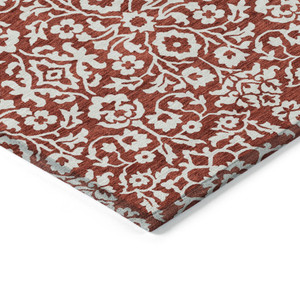 5' X 8' Red And Ivory Damask Washable Indoor Outdoor Area Rug