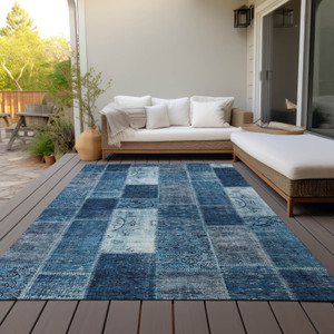 3' X 5' Navy Blue And Sky Blue Patchwork Washable Indoor Outdoor Area Rug