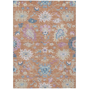 3' X 5' Orange Pink And Denim Blue Floral Washable Indoor Outdoor Area Rug