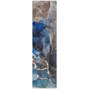 8' Blue Abstract Washable Indoor Outdoor Runner Rug