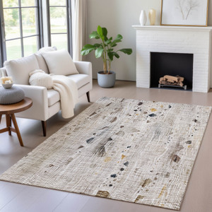 3' X 5' Linen And Gold Abstract Washable Indoor Outdoor Area Rug