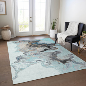5' X 8' Teal Blue Gold And Gray Abstract Washable Indoor Outdoor Area Rug