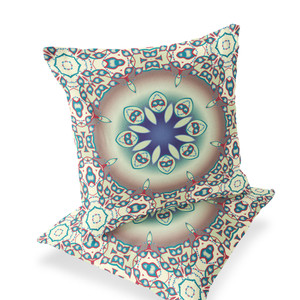 Set of Two 16" X 16" Beige and Blue Blown Seam Floral Indoor Outdoor Throw Pillow