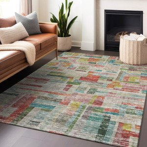 5' X 8' Terra Cotta Green And Brown Striped Washable Indoor Outdoor Area Rug